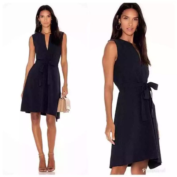 Theory Desza Deep Navy Admiral Crepe Black Asymetrical Hem Belted Dress Sz 6 - Picture 1 of 15